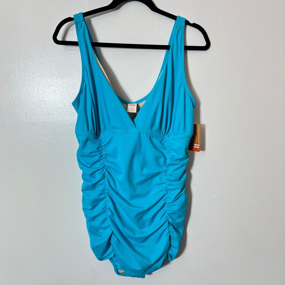 Vintage Dead‎ Stock Full Coverage Ruched One Piece Blue Swimsuit size 18W